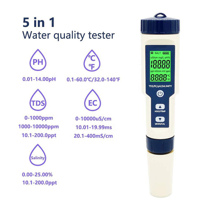 Testeur de pH multiparamètre 5 en 1 TDS/CE/salinité/TEMP avec électrode remplaçable